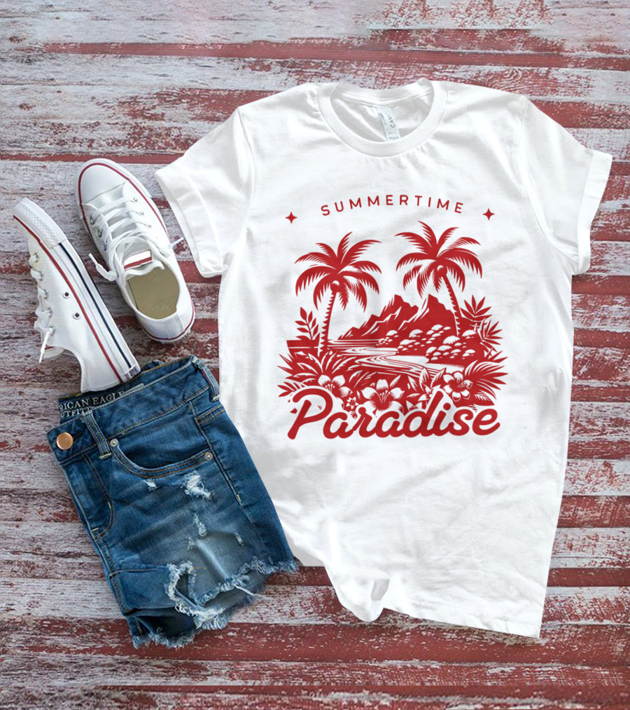 Summertime Paradise Palm Trees And Mountains Landscape T-Shirt