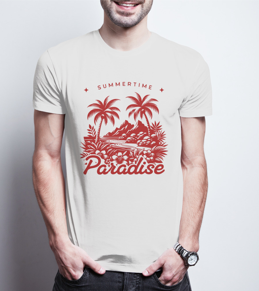 Summertime Paradise Palm Trees And Mountains Landscape T-Shirt
