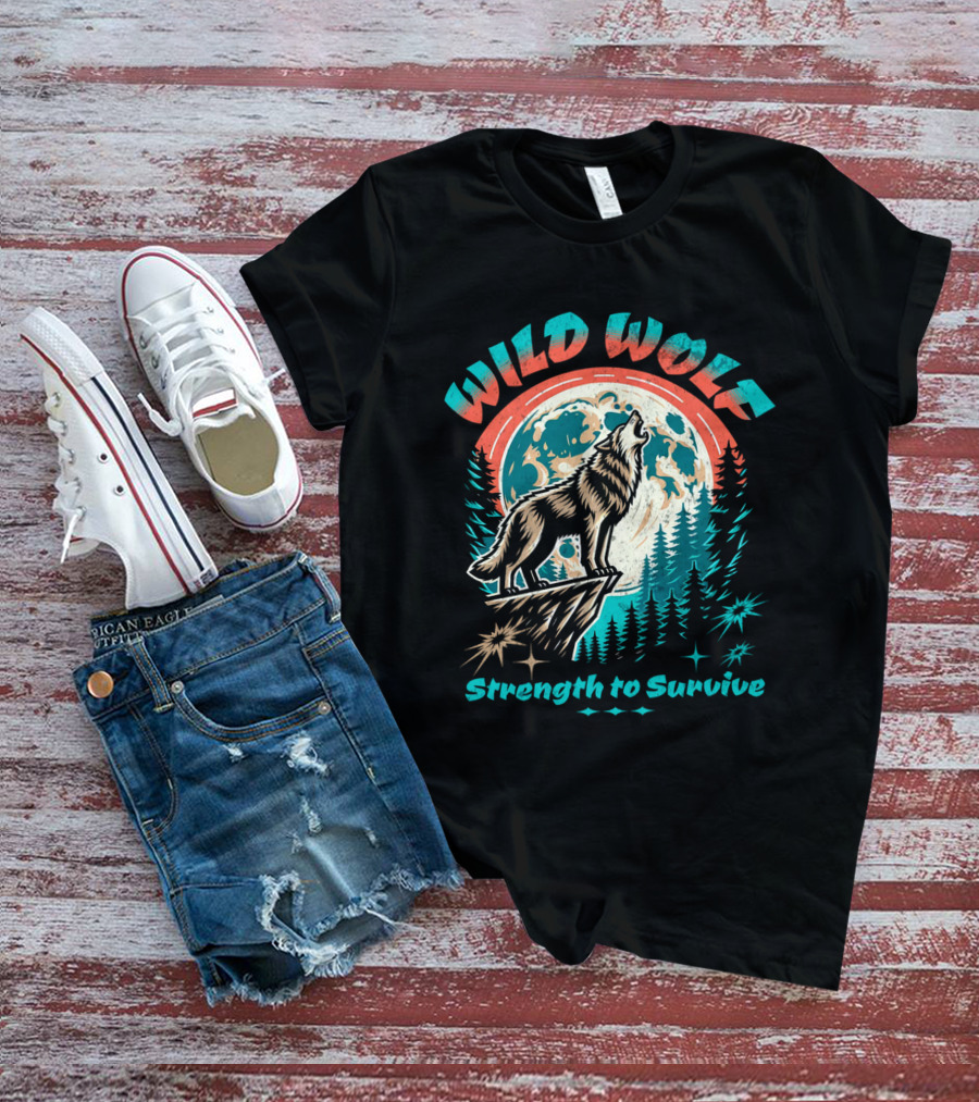 WILD WOLF Strength To Survive Full Moon Forest Scene T-Shirt
