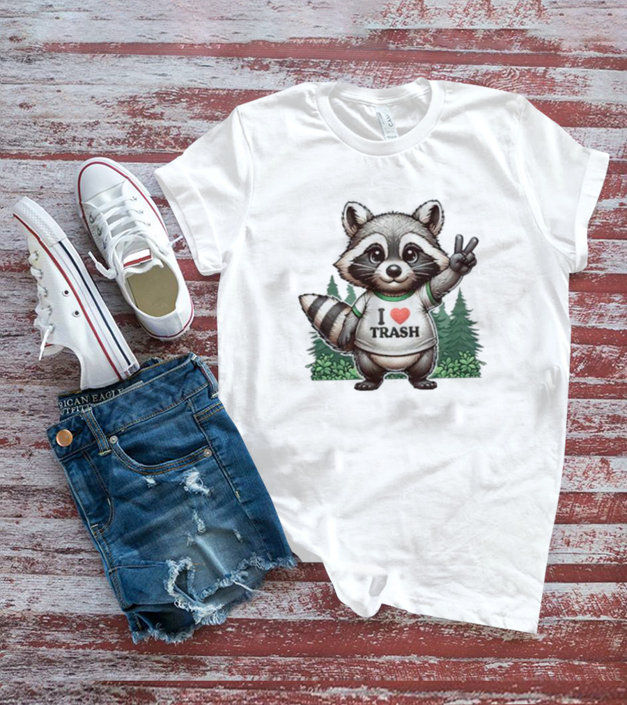 I Heart Trash Raccoon Peace Sign Forest Background T-Shirt
