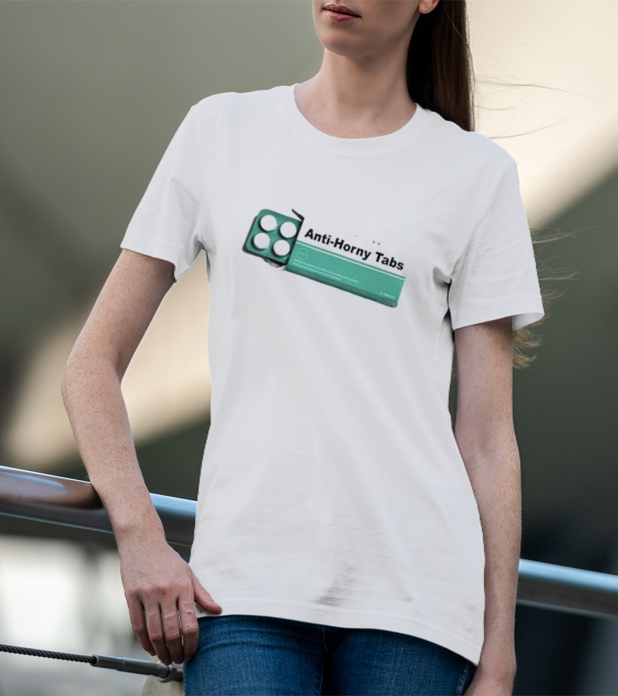 Anti-Horny Tabs Green Box Quirky Text Pills T-Shirt