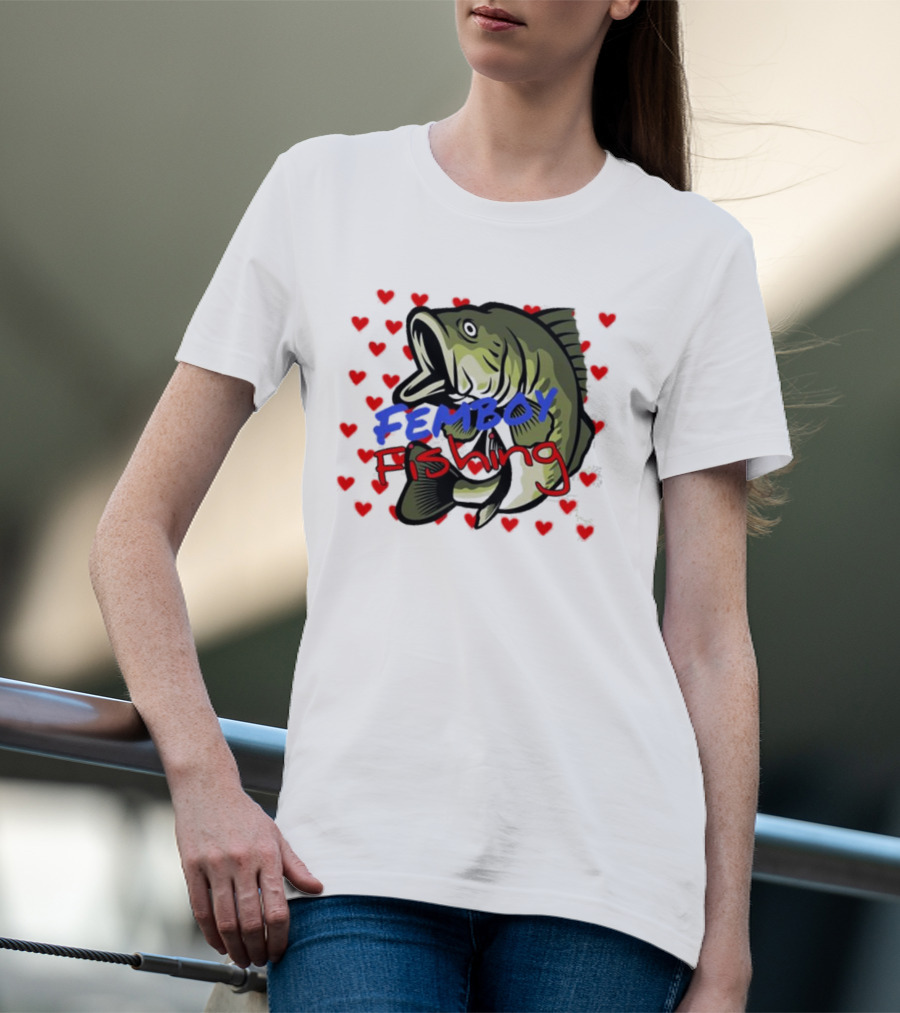 Femboy Fishing With Heart Pattern And Big Mouth Bass T-Shirt