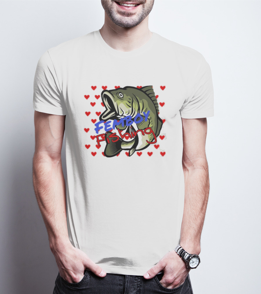 Femboy Fishing With Heart Pattern And Big Mouth Bass T-Shirt