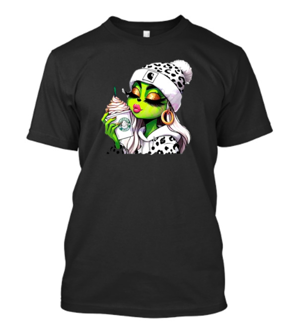 Grinchmas Blend Leopard Girl With Winter Leopard Beanie And Coffee Cup T-Shirt