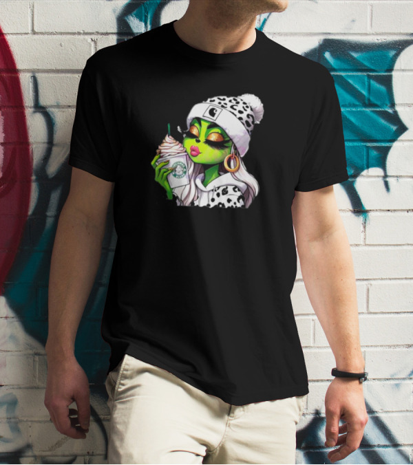 Grinchmas Blend Leopard Girl With Winter Leopard Beanie And Coffee Cup T-Shirt