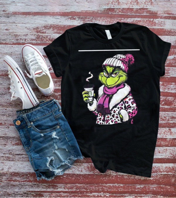Grinchy And Bougie In Pink Leopard With Coffee Cup T-Shirt