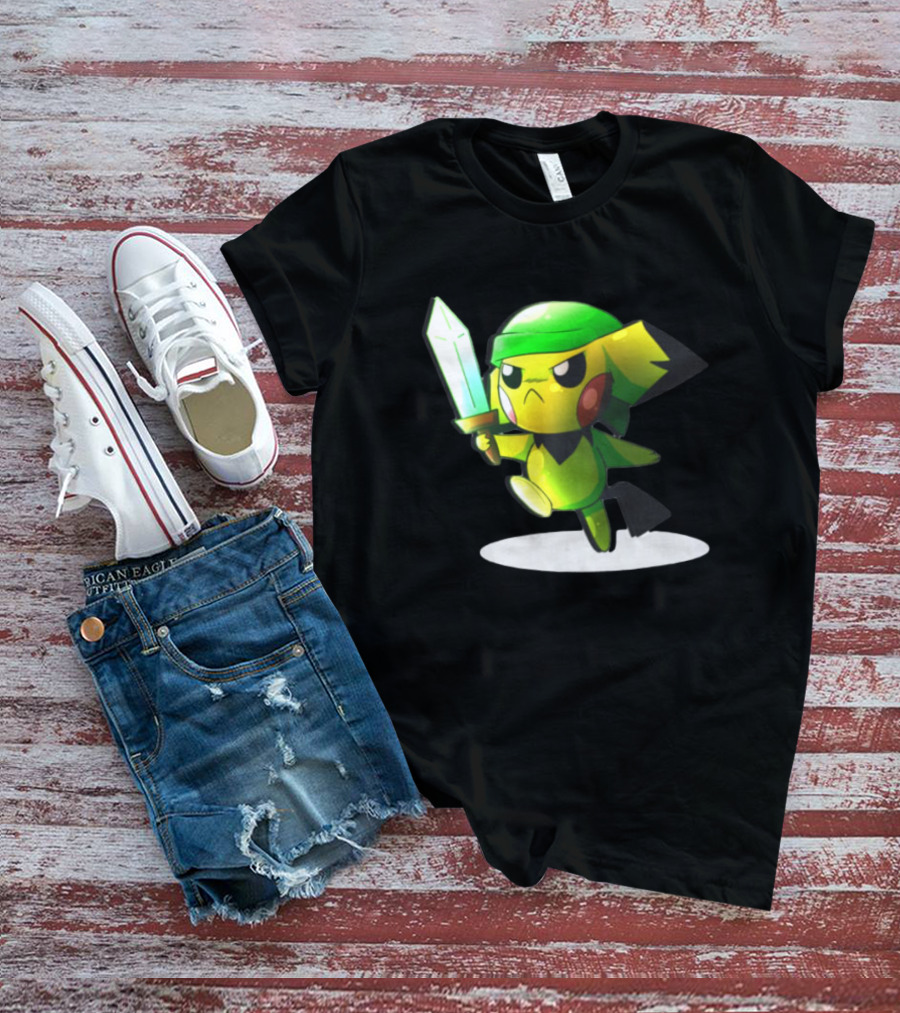 Pikachu Dressed As Link From The Legend Of Zelda With Sword In Hand T-Shirt