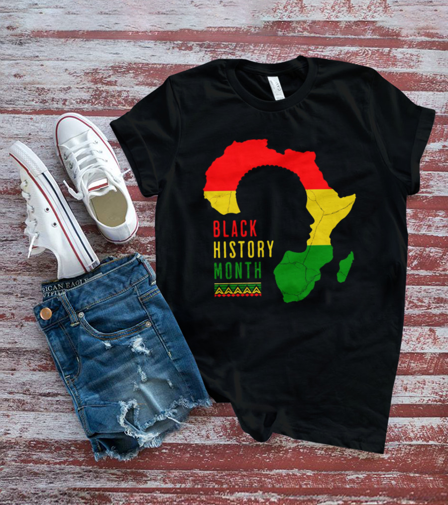 Black History Month African Continent Map With Red Yellow Green Colors And Afro T-Shirt