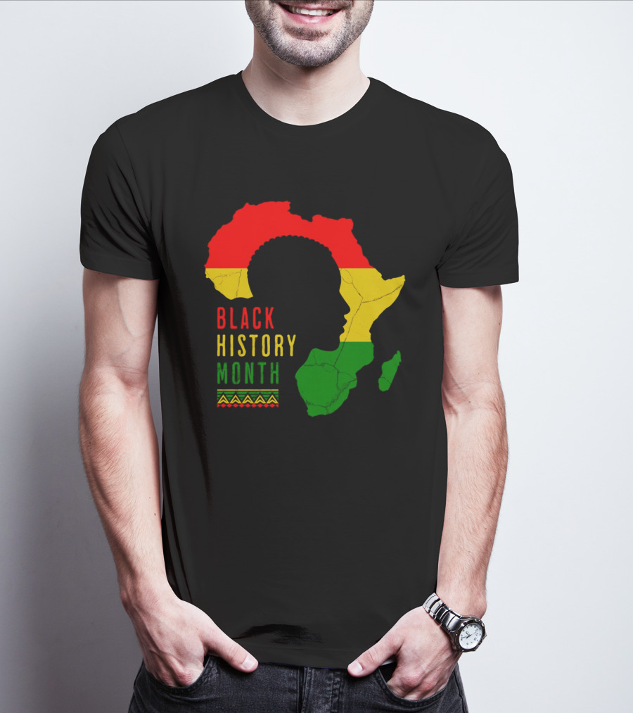Black History Month African Continent Map With Red Yellow Green Colors And Afro T-Shirt