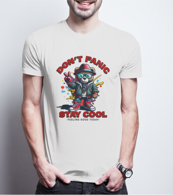 Don't Panic Stay Cool Feeling Good Today Bear With Peace Sign T-Shirt