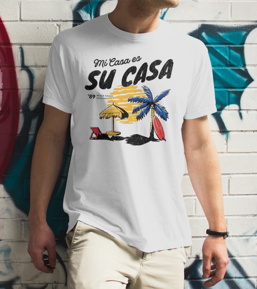 Mi Casa Es Su Casa '89 Beach House Portugal Palm Tree Umbrella Chair Surfboard T-Shirt