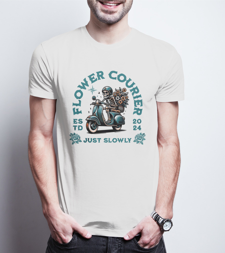 Flower Courier Skeleton Vespa Rider Just Slowly T-Shirt