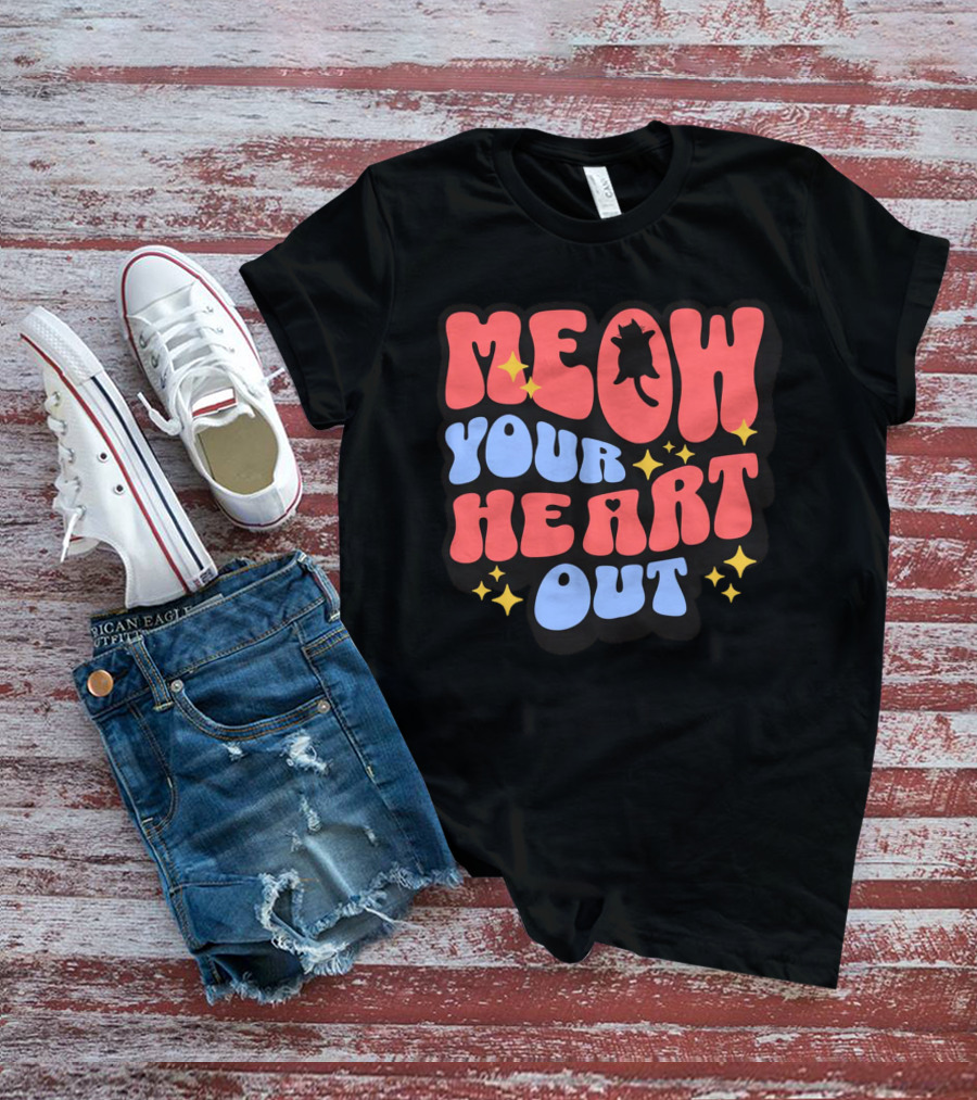 MEOW YOUR HEART OUT Retro Cat Stars T-Shirt