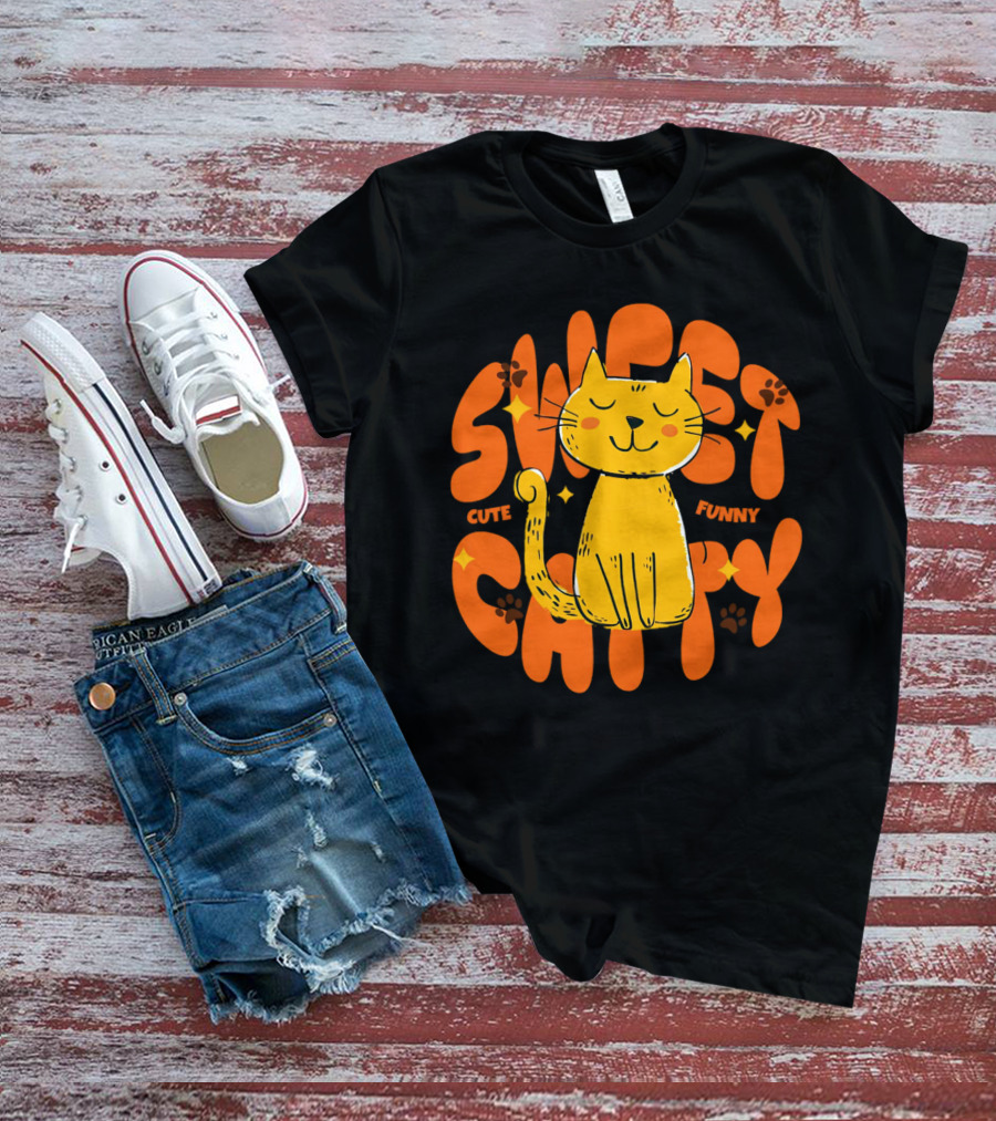 Cute Funny Sweet Cat Happy Yellow Cat With Paw Prints T-Shirt