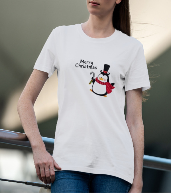 Merry Christmas Penguin With Candy Cane And Top Hat T-Shirt