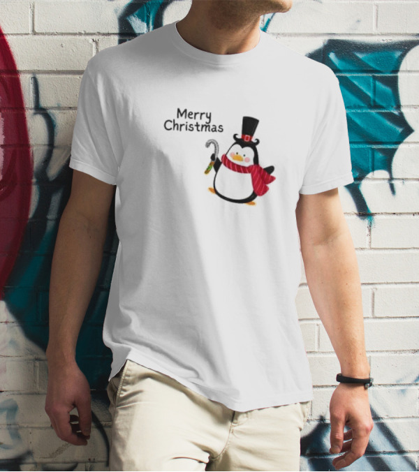 Merry Christmas Penguin With Candy Cane And Top Hat T-Shirt