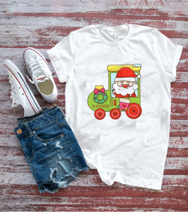 Santa Cute Christmas Train With Wreath And Stars T-Shirt