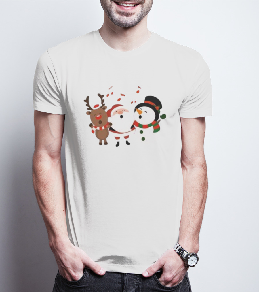Santa Reindeer And Snowman Singing Christmas Carols Together T-Shirt