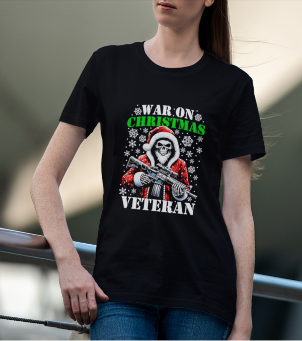 War On Christmas Veteran Skeleton Santa Snowflakes Rifle T-Shirt