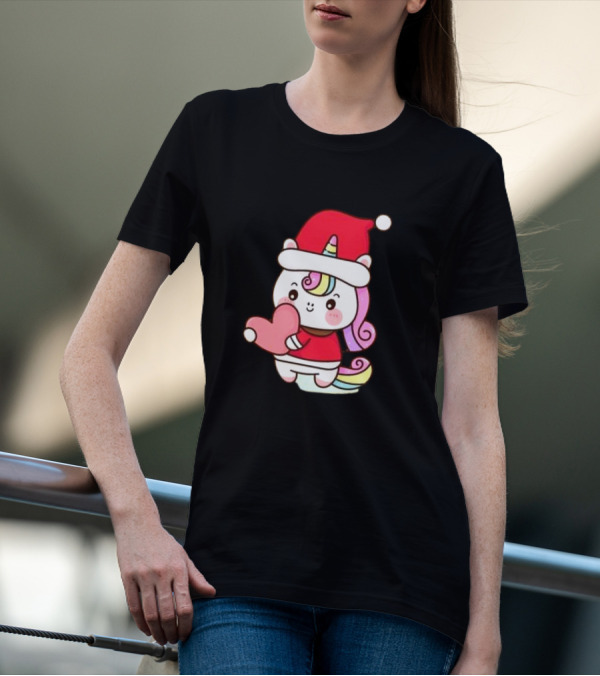 Unicorn Santa Hat Heart Christmas T-Shirt