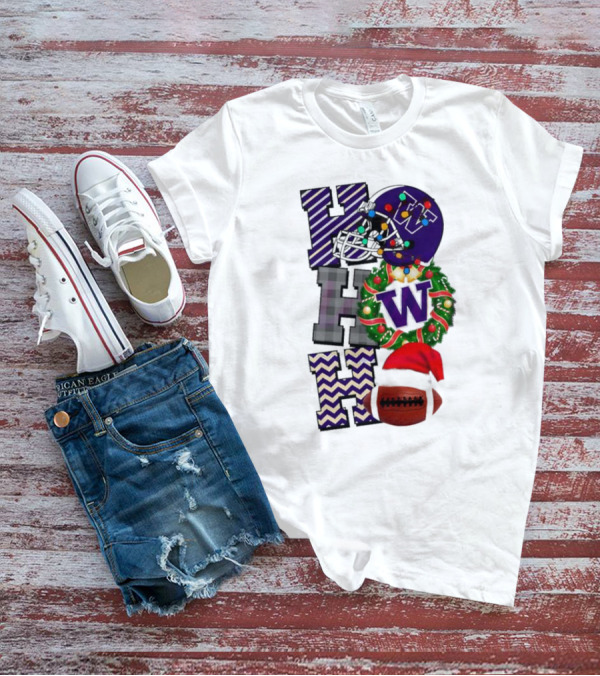 Washington Huskies Football Christmas Ho Ho Ho Festive Sports Helmet Wreath T-Shirt