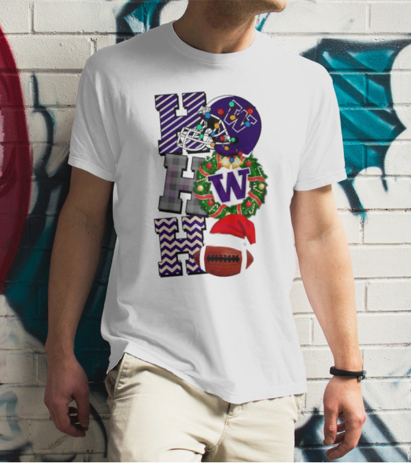 Washington Huskies Football Christmas Ho Ho Ho Festive Sports Helmet Wreath T-Shirt