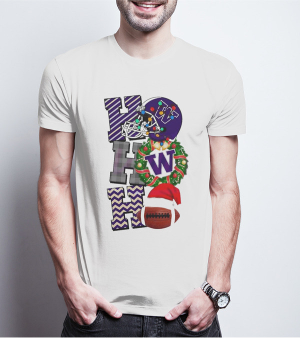 Washington Huskies Football Christmas Ho Ho Ho Festive Sports Helmet Wreath T-Shirt