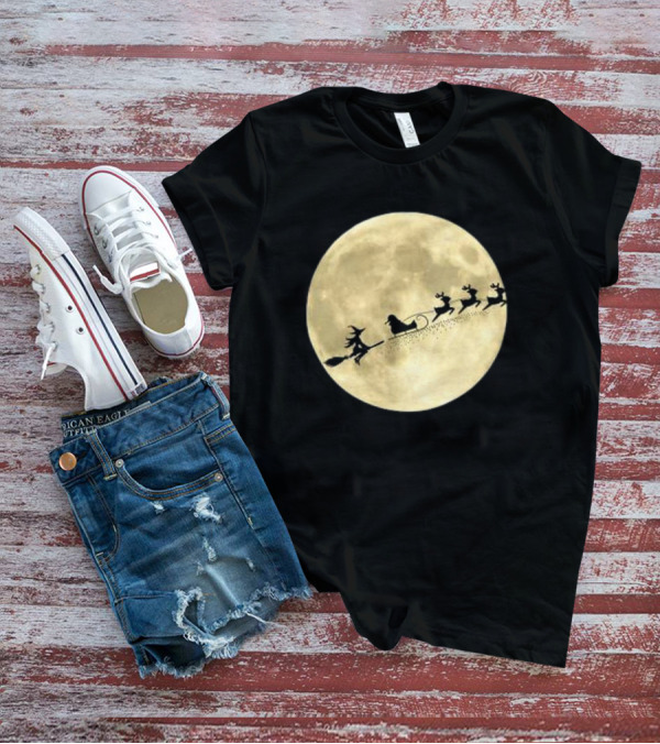 Witch Riding With Santa's Sleigh In Full Moon Christmas Scene T-Shirt