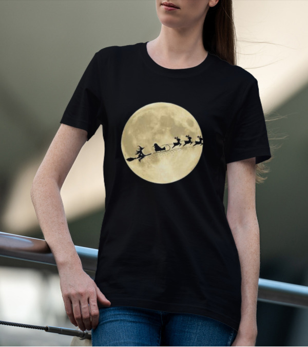 Witch Riding With Santa's Sleigh In Full Moon Christmas Scene T-Shirt