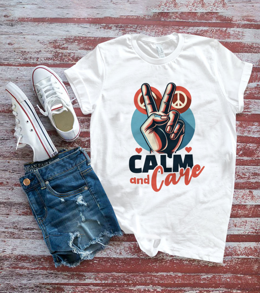 CALM And Care Peace Sign With Hearts T-Shirt