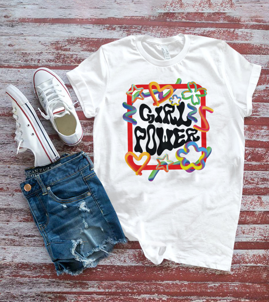 GIRL POWER Colorful Hearts Stars And Flowers T-Shirt