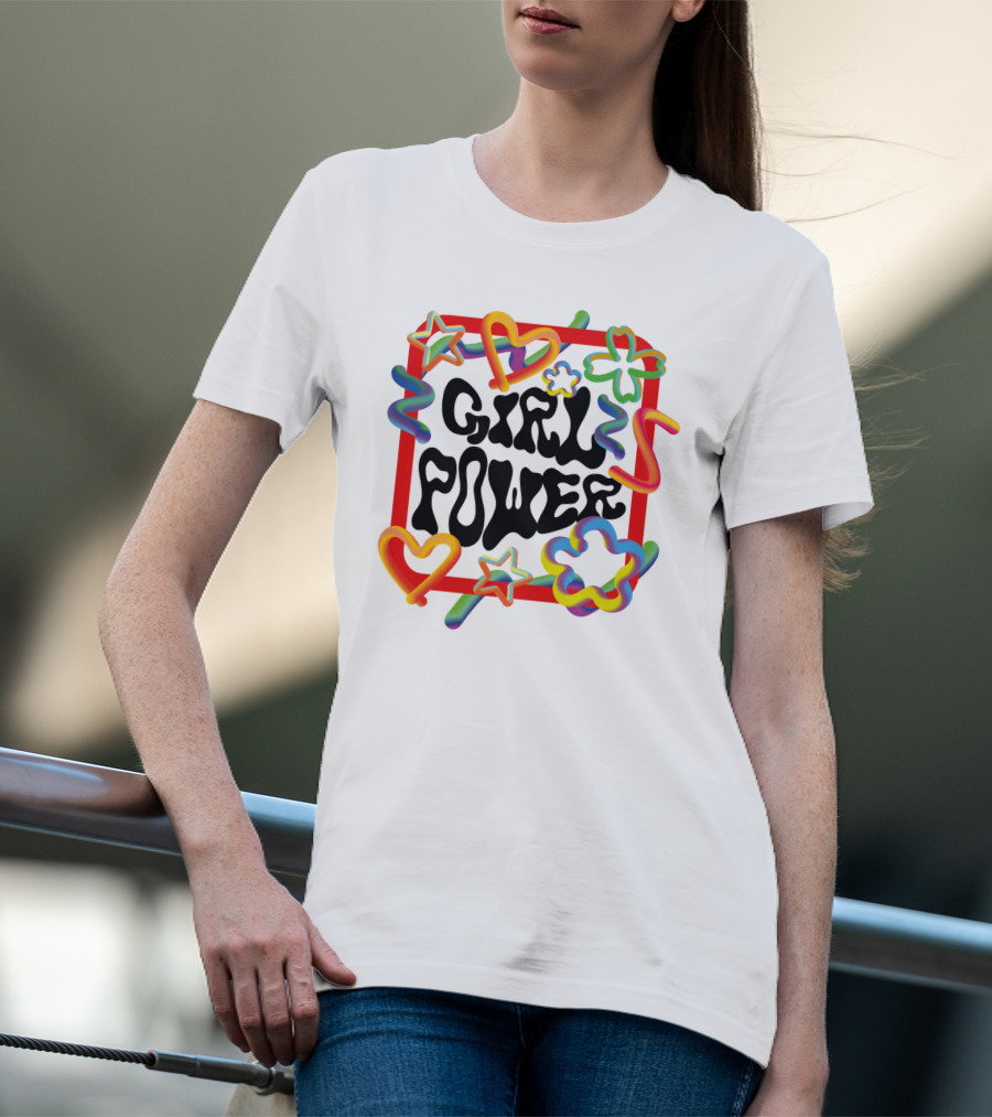 GIRL POWER Colorful Hearts Stars And Flowers T-Shirt