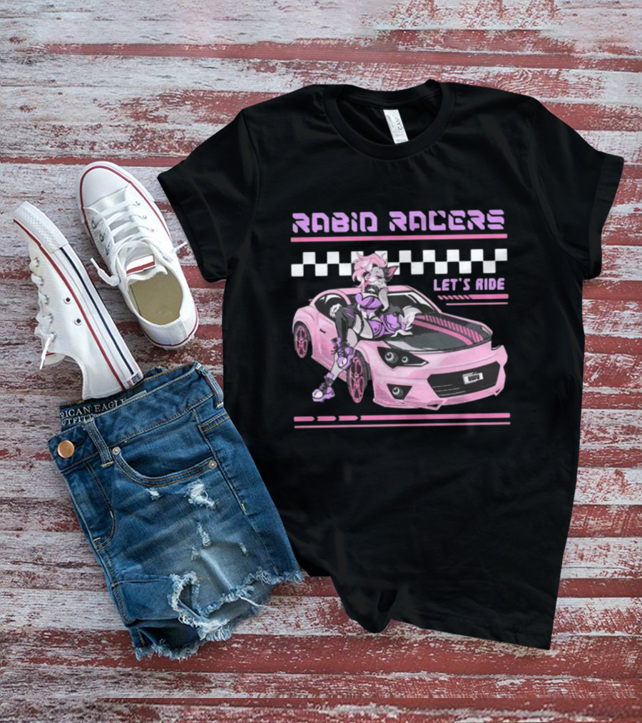 Rabid Racers Let’s Ride Pink Anime Style Racer Girl With Wufu License Plate T-Shirt