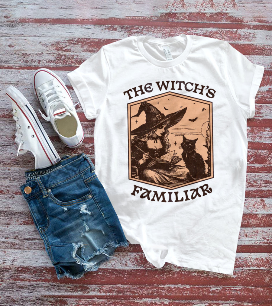 The Witch's Familiar Halloween Vintage Witch And Cat T-Shirt