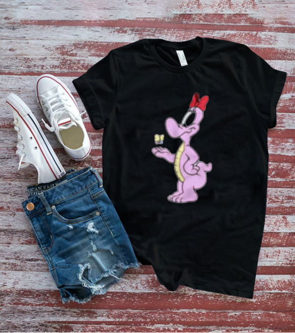 Pink Cartoon Dinosaur With Red Bow And Butterfly T-Shirt
