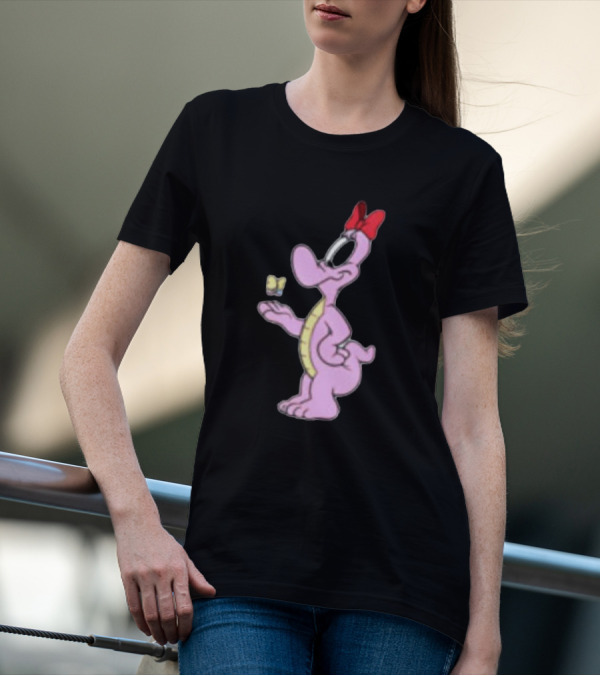 Pink Cartoon Dinosaur With Red Bow And Butterfly T-Shirt