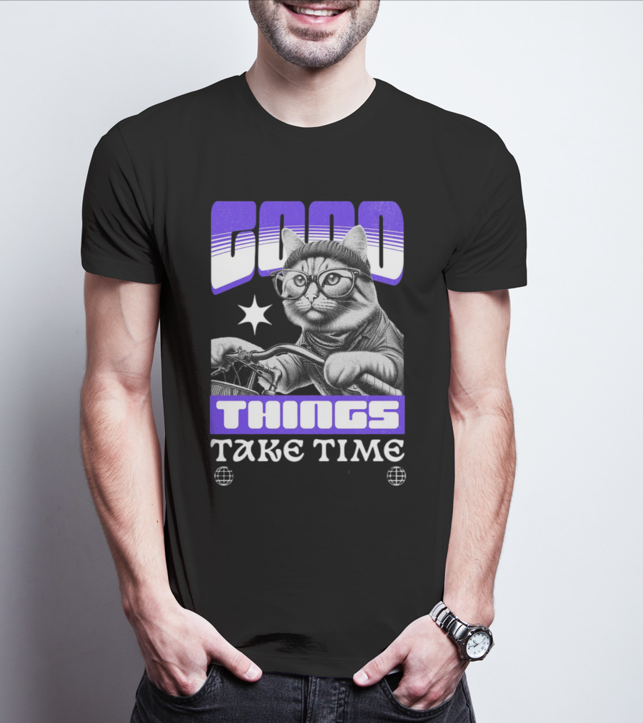 Good Things Take Time Cat In Glasses With Bicycle T-Shirt