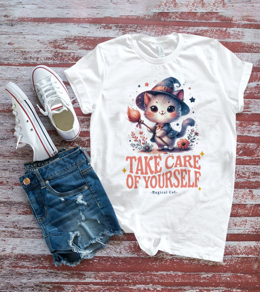 Take Care Of Yourself Magical Cat Wizard Hat Broomstick T-Shirt