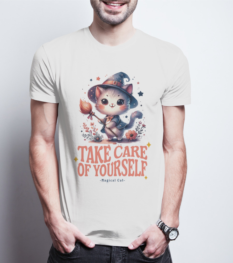 Take Care Of Yourself Magical Cat Wizard Hat Broomstick T-Shirt