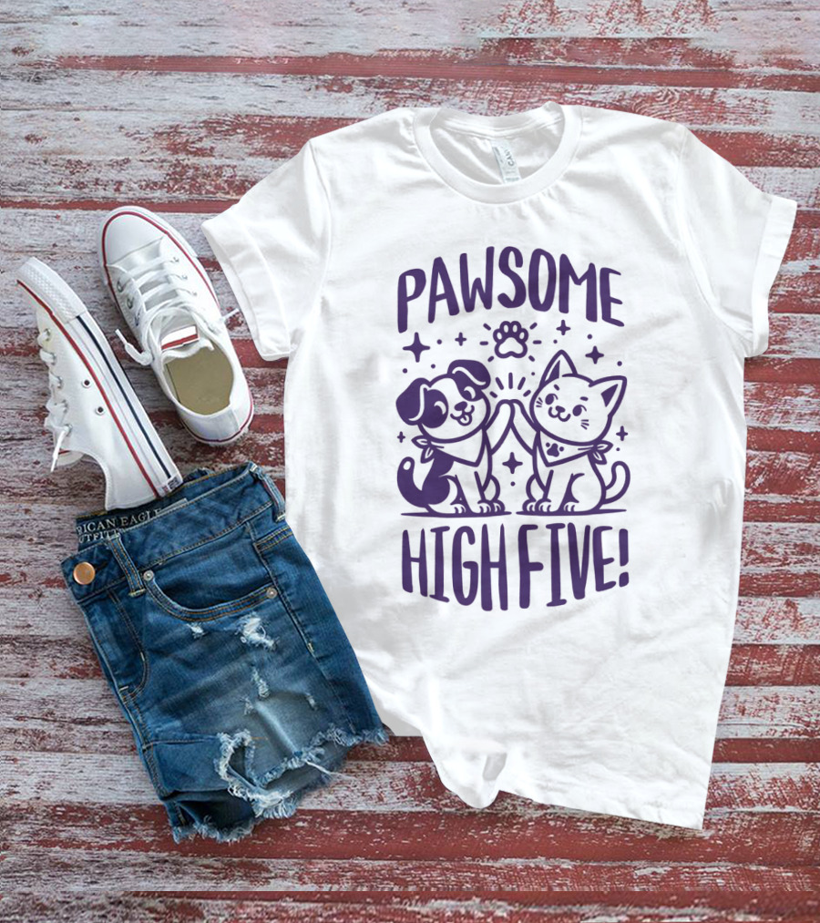 Pawsome High Five Cute Animal Purple Pawsom T-Shirt