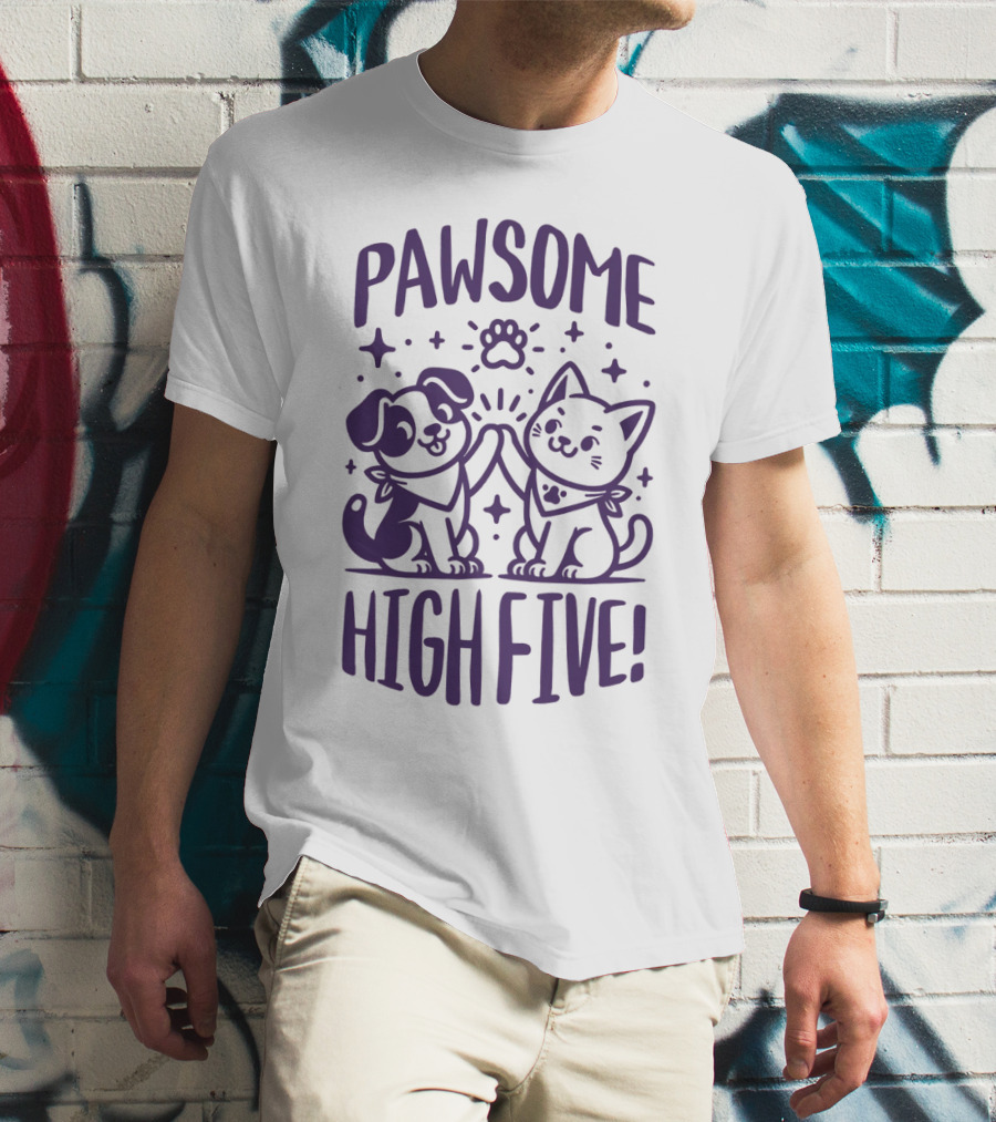 Pawsome High Five Cute Animal Purple Pawsom T-Shirt