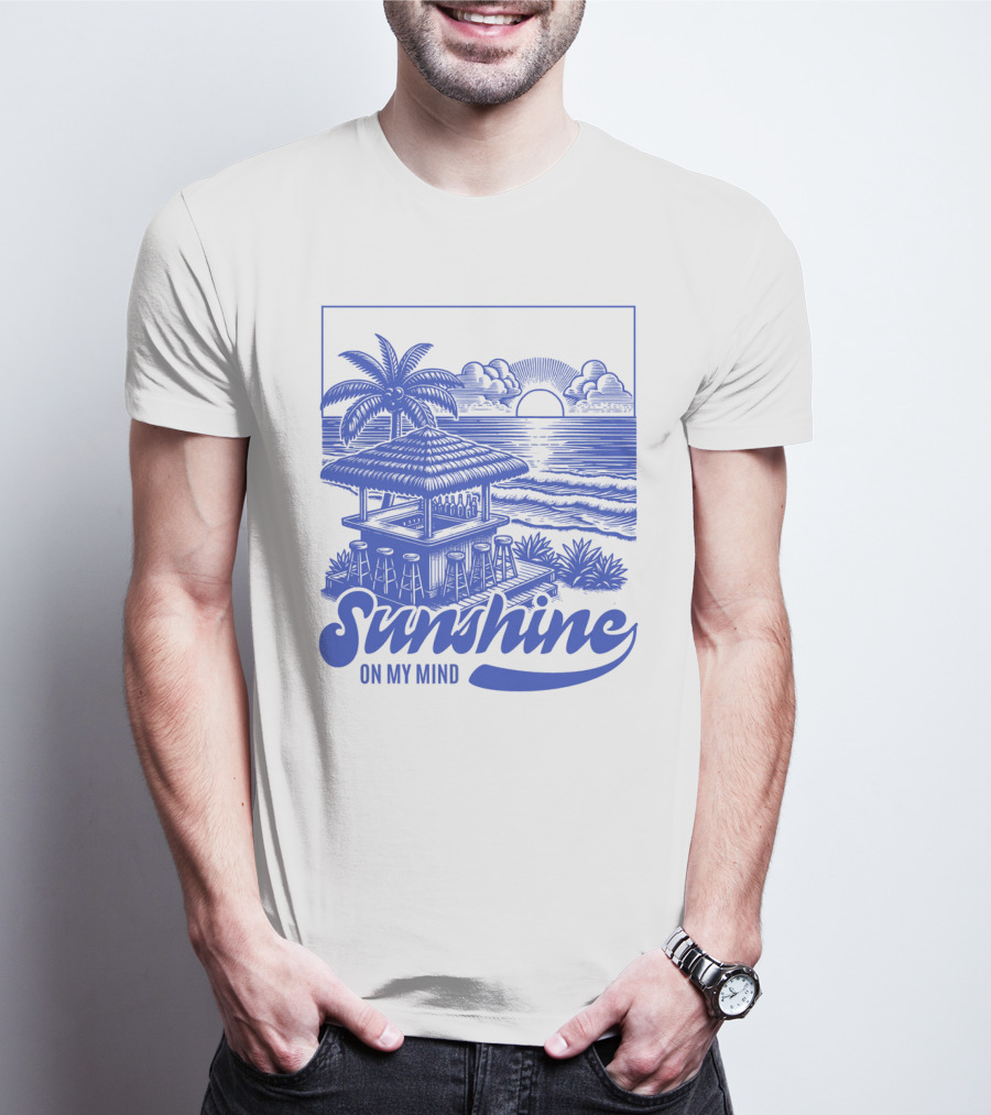 Sunshine On My Mind Vintage Beach Hut And Sunset Scene T-Shirt