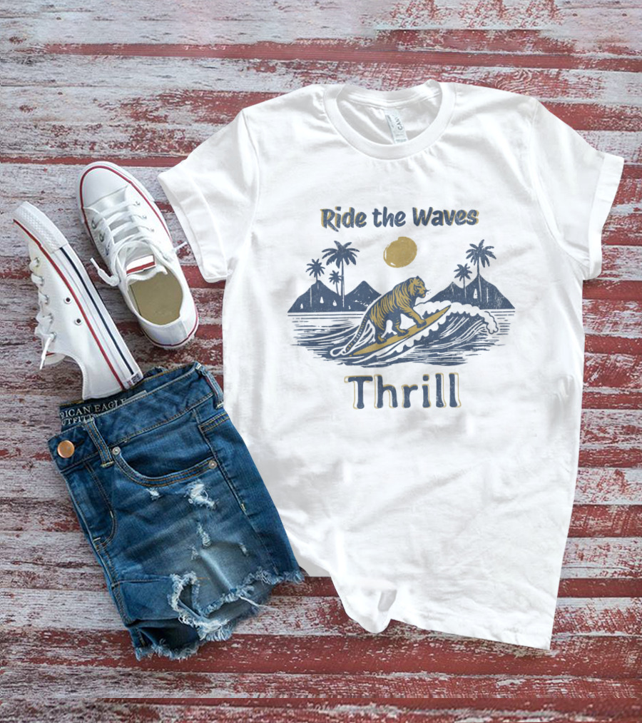 Ride The Waves Thrill Tiger Surf Moon Palms T-Shirt