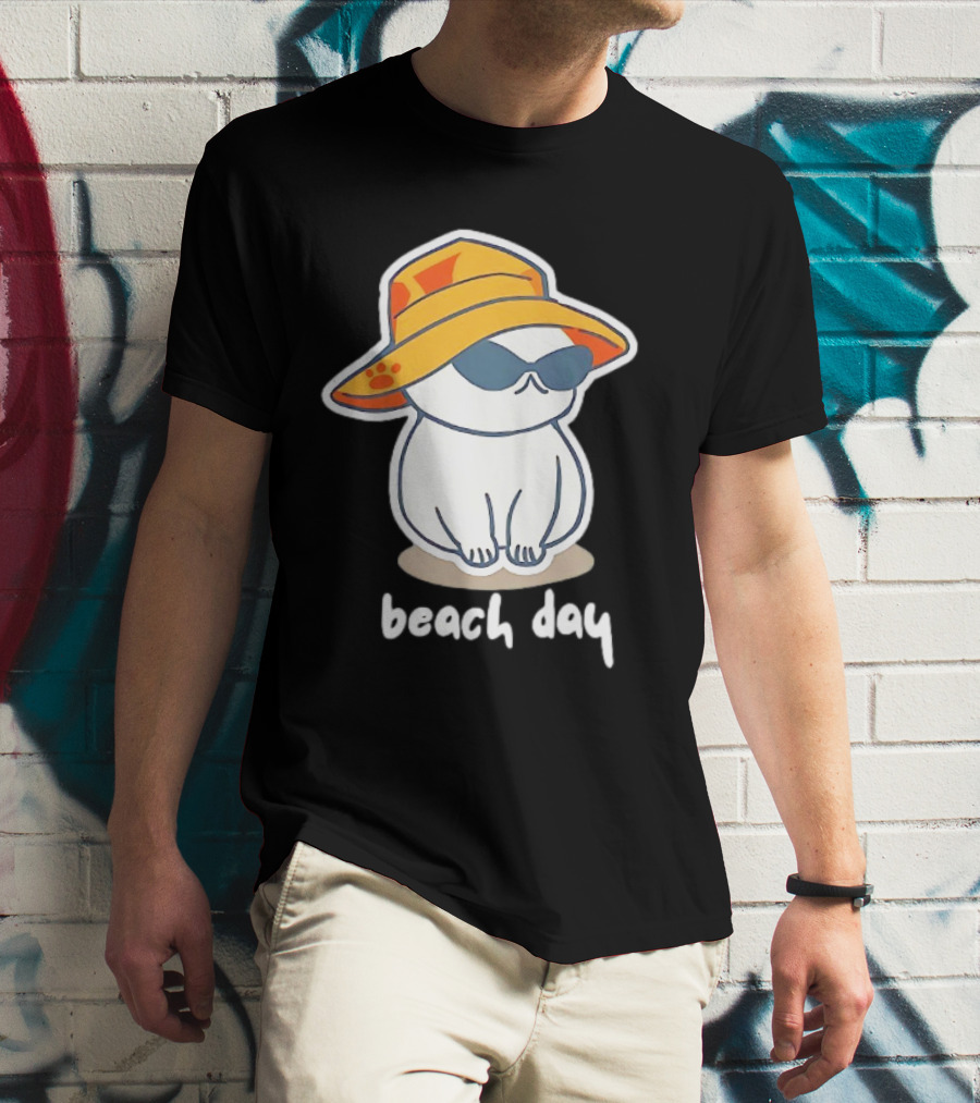 Cat Relaxing In Sunglasses And Hat For A Beach Day T-Shirt