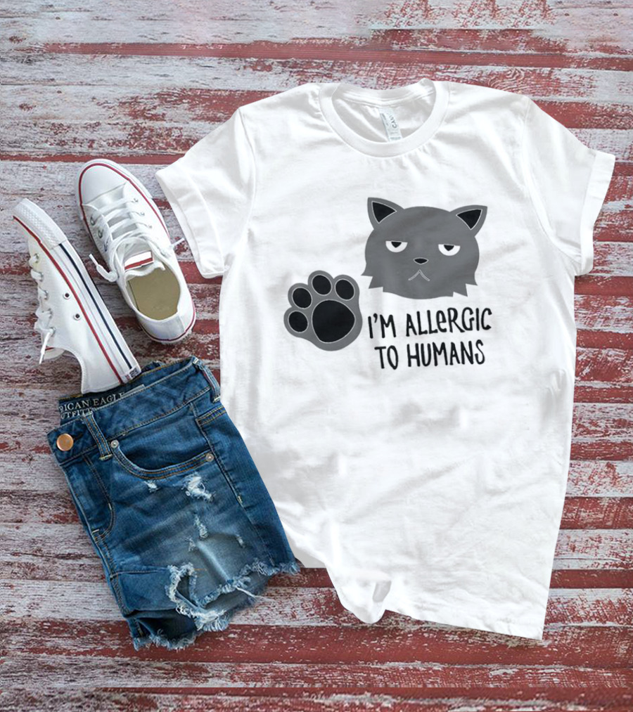 Cat I'm Allergic To Humans Shirt With Grumpy Feline Face And Paw Prints T-Shirt