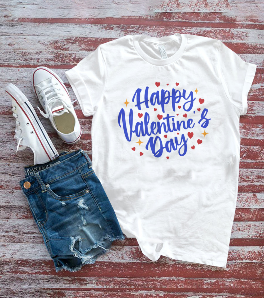 Happy Valentine's Day Blue Script With Hearts And Stars T-Shirt
