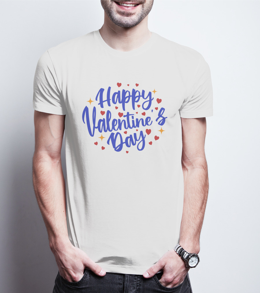 Happy Valentine's Day Blue Script With Hearts And Stars T-Shirt