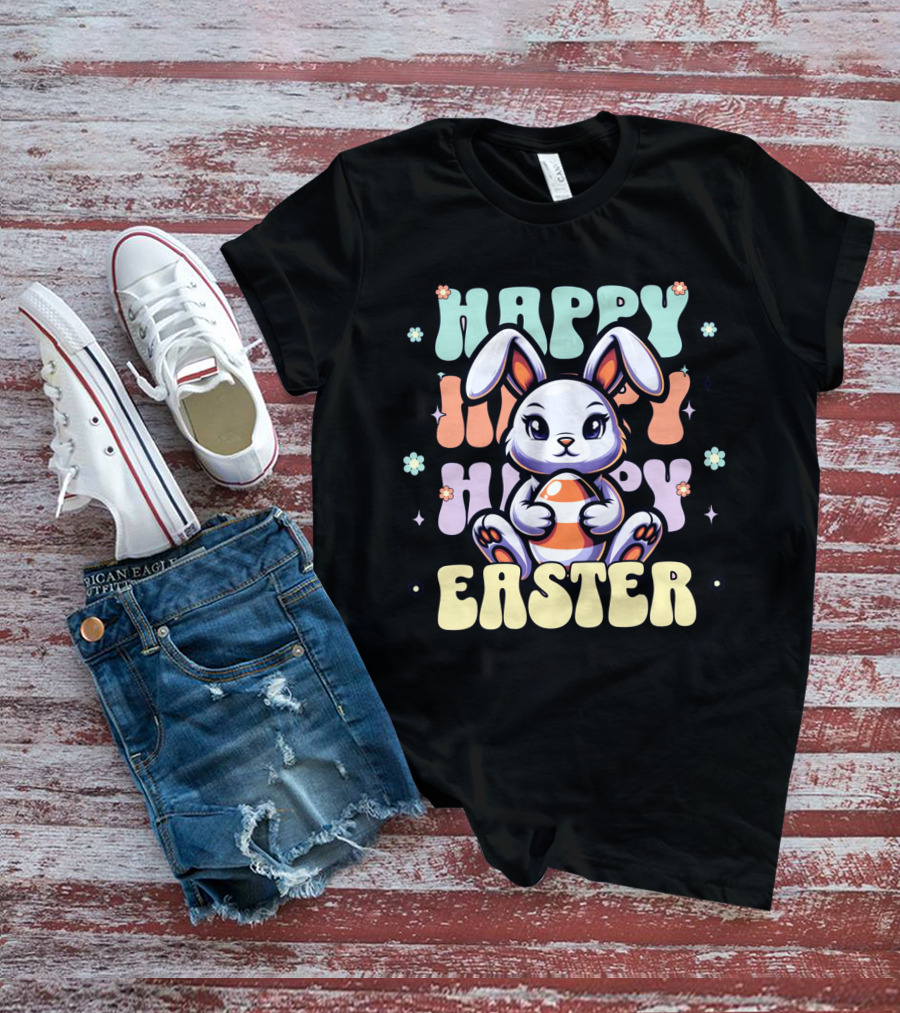 Happy Easter Bunny Holding Egg Pastel Flowers T-Shirt