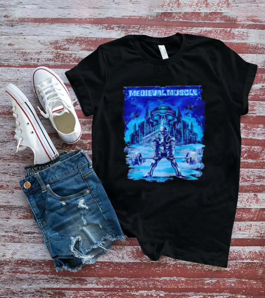 Medieval Muscle Knight Lifting Weights In Gothic Castle Scene T-Shirt