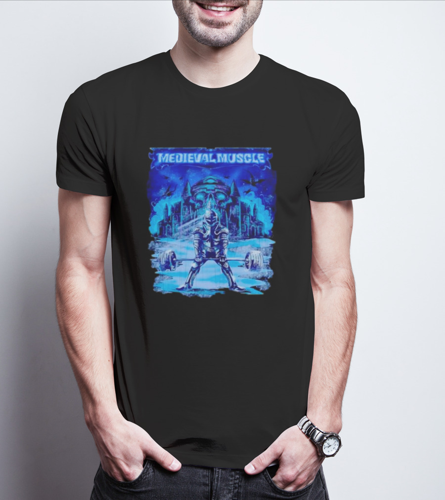 Medieval Muscle Knight Lifting Weights In Gothic Castle Scene T-Shirt